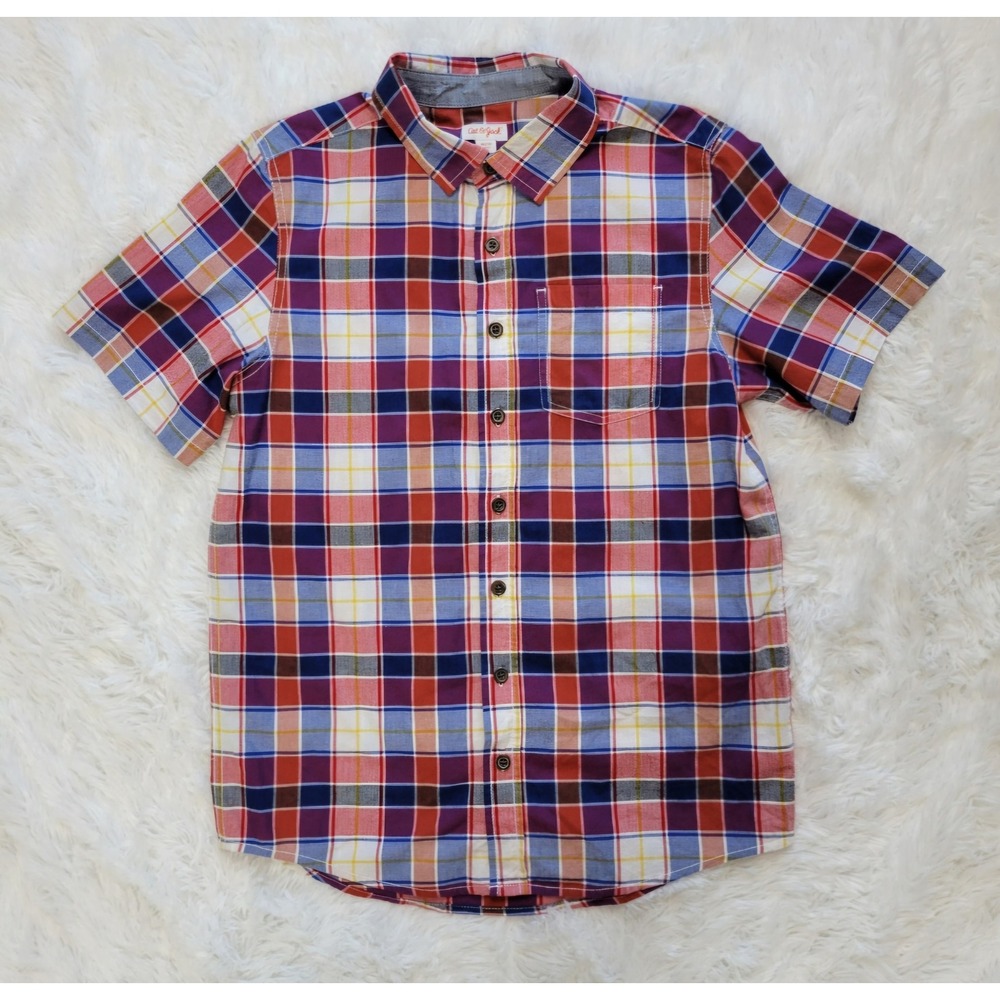 Cat & Jack Boys XL 16‎ Plaid Short Sleeve Button Down Shirt Red Blue Cotton